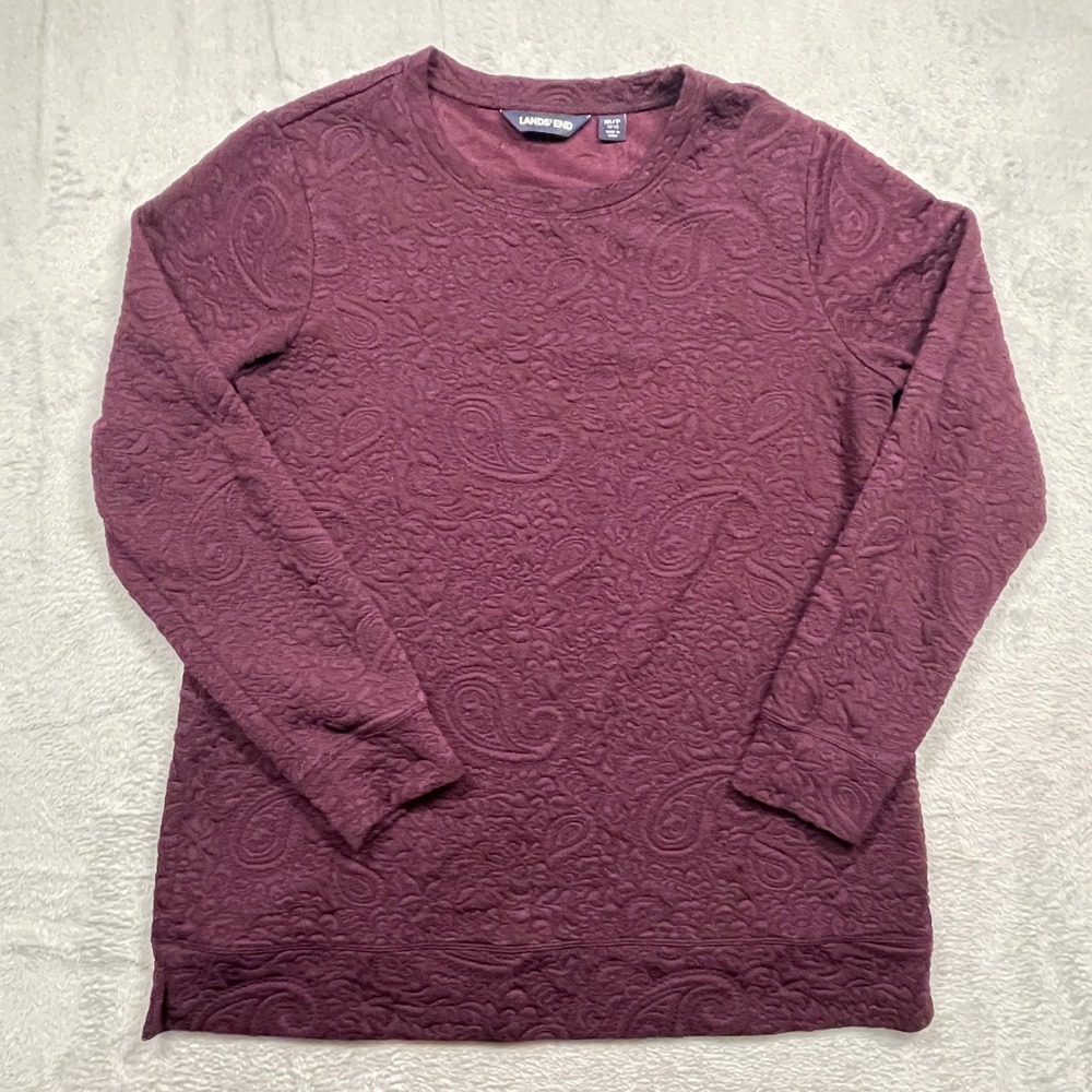Lands End Sweatshirt Women M Petite Plum Purple Paisley Jacquard Textured Crew